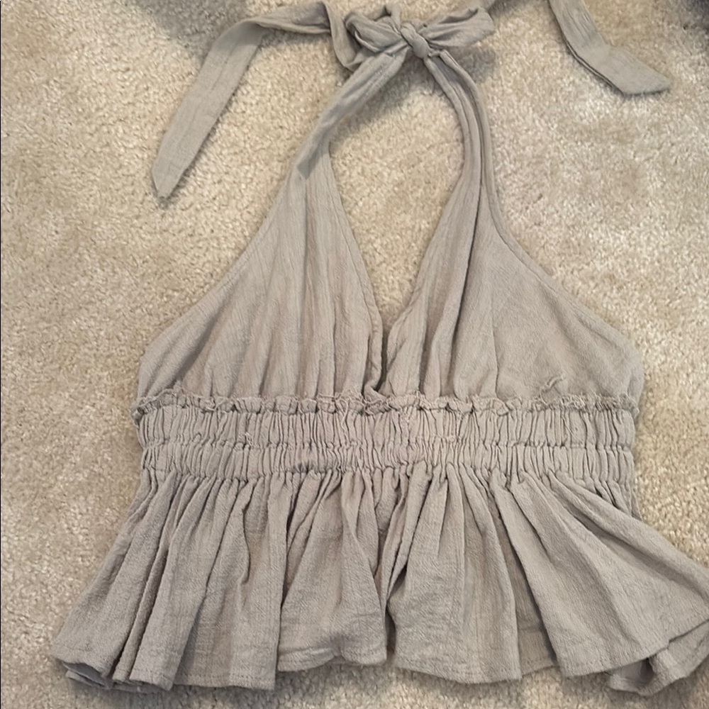 Ocean Drive Gray Smocked Tie Front Crop Top